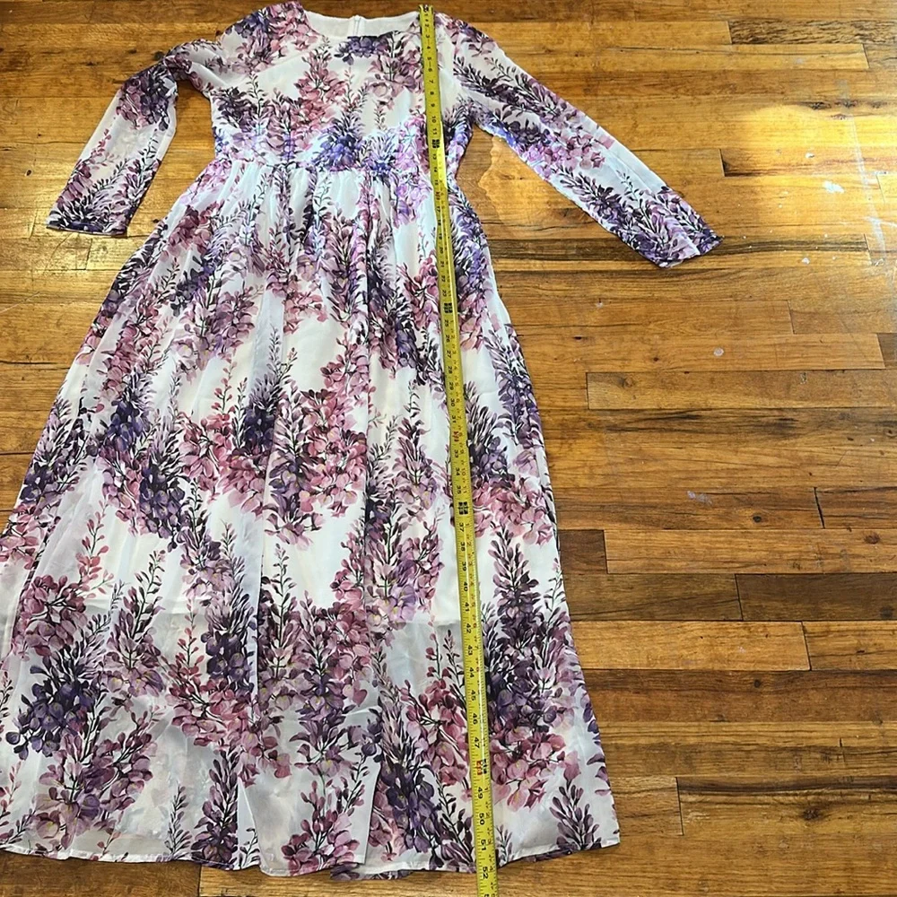 Floral Long Sleeve Maxi Dress & Scarf - Pink and Purple Chiffon - Picture 10 of 14